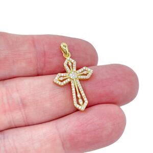 Estate Gold-Tone Sterling Silver 925 Cubic Zirconia Cross Pendant